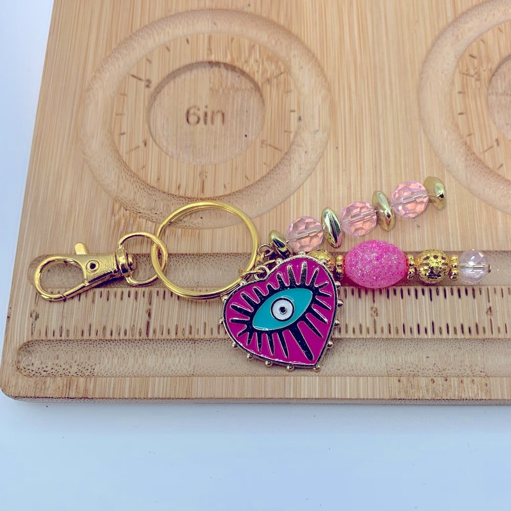 Evil Eye, Handmade Pink Glass & Acrylic Bead Keychain--Unique & Stylish